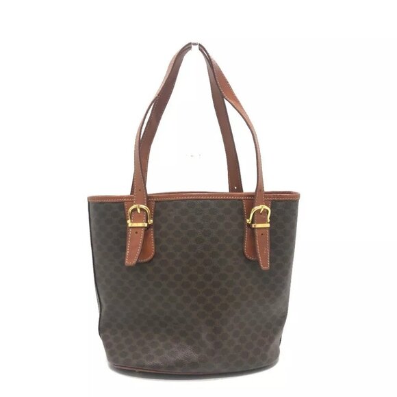 CELINE vintage Macadam Bucket Hand Bag Tote Bag PVC/Leather Brown/GoldHardware - Picture 3 of 15